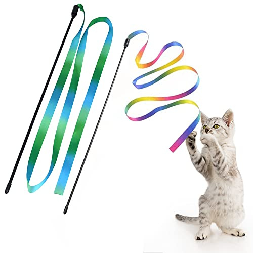 LASOCUHOO Interactive Cat Rainbow Wand Toys, Interactive Cat Teaser Wand String, Colorful Ribbon Charmer for Most Cats and Kittens - 2 PCS