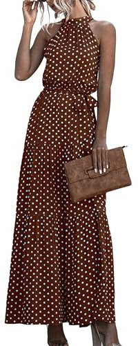 EFOFEI Damen Langes Sonnenkleid Mit Gürtel Kleid Mit Hohem Halsausschnitt Sexy Lässiges Date Kleid Business Casual Kleid Punkt Braun XS