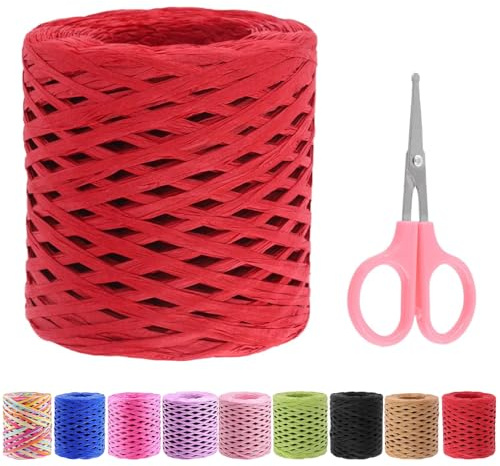 Swpeet 1 rollo de cinta de rafia con tijeras, 200 m, kit surtido de hilo de rafia natural, para regalos, manualidades, ramos de flores, decoraciones