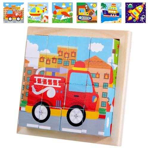 Puzzle in legno, puzzle 3D, 6 in 1, con 16 dadi, puzzle in legno, Montessori, giocattolo per bambini a partire da 1 2 3 4 anni