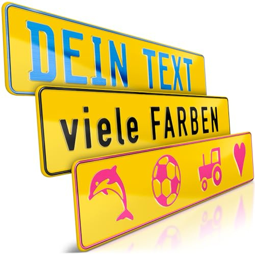 schildEVO 1 Fun-Schild geprägt | Gelb mit Wunschtext bis zu 16 Zeichen | Aluminium Namensschild | Individuelles Fun-Kennzeichen | Bohrlöcher & Saugnäpfe