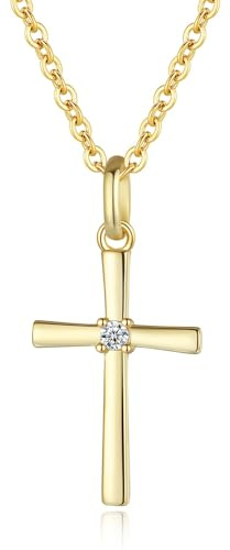 GAVU Collar Cruz Mujer Plata de Ley 925 Chapado en Oro 14K con Circonitas Cúbicas, Cadena con Colgante Cruz Brillante, Collar Mujer para Comunión, Confirmación