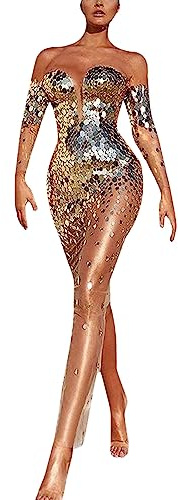 OBiQuzz Vestido de Noche Con Lentejuelas Para Mujer, Un Solo Hombro, Sexy, Malla Transparente, Largo, Brillante, Dorado, XL