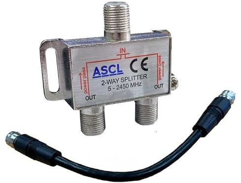 ASCL 1 in 2 Output TV Aerial Coaxial Cable 2 Way Splitter with Black F Plug Connector Patch Cable