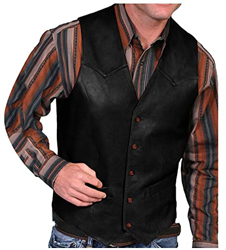 Mens Faux Leather Waistcoats, Faux Leather Vest Men Men's Vintage Cowboy Waistcoat Mens Solid Color Sleeveless Jackets Slim Fit Single Breasted Vest Slim Fit V-Neck Dress Waistcoat Black