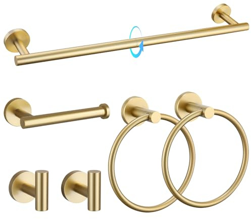 TQKAG Brushed Gold Bathroom Hardware Set 6-Piece Bathroom Accessory Set 23.6 Inch Round Stainless Steel Towel Bar Set Wall Mounted