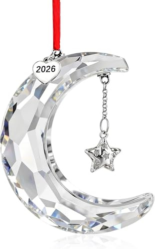 2026 Clear Crystal Moon Suncatcher Christmas Hanging Ornament Decor | Clear Crystal Glass Moon Suncatcher 2026 Keepsake with Ribbon Hanging Ornament for Christmas Window Winter Party Decor Gift