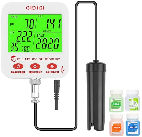 GIDIGI 8-in-1 WiFi Water Smart pH/EC/TDS/Salz Messgerät mit ORP, Feuchtigkeits und Temp, Digitaler Hydrokultur Nährstoffmonitor und Salzgehalttester für Aquarium, Fischtank