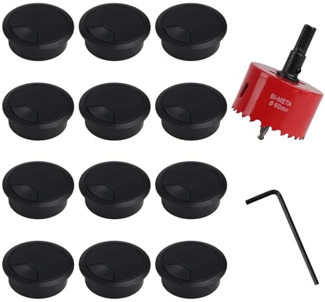 Lot de 12 cache-trous ronds en plastique HSS, pour cordon de bureau, câbles d'ordinateur, 60 mm, forets pour scie-cloche de 60 mm, noir