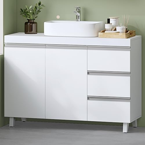 Hzuaneri Mobile Sottolavabo per Bagno, Mobiletto da Bagno, 3 Cassetti, 2 Ante, con Piedini, indipendente, moderno, 30 x 90 x 64 cm, Bianco BC29903X