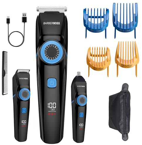 BarberBoss Recortador de barba 3 en 1, cortadora de pelo y recortadora de nariz para hombres, kit de aseo impermeable con cuchillas de precisión, longitudes de corte ajustables, recargable por USB
