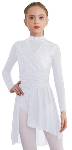 YEAHDOR Vestido de Patinaje Artístico Hielo para Niña Maillot Baile de Manga Larga con Brillante Leotardo Gimnasia con Falda Tul Vestido de Baile Moderno Blanco 9-10 años