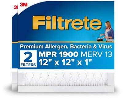 Filtrete 12x12x1 AC Furnace Air Filter, MERV 13, MPR 1900, Premium Allergen, Bacteria & Virus Filter, 3-Month Pleated 1-Inch Electrostatic Air Cleaning Filter, 2-Pack (Actual Size 11.81x11.81x0.78 in)