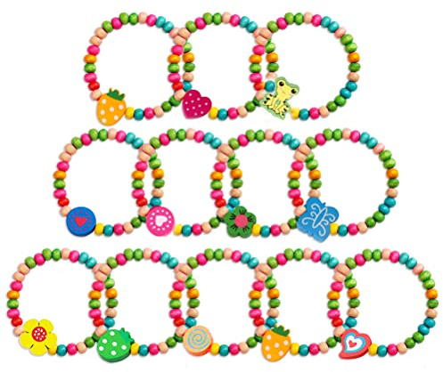kuou 12Pcs Colourful Wooden Bracelets Set, Party Bag and Stocking Fillers Loot