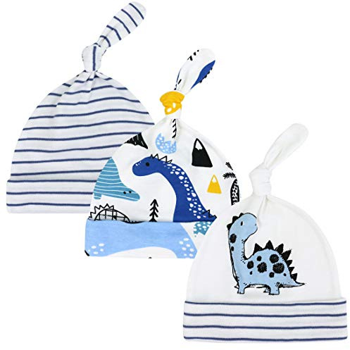 CuteOn 3 Paquete Bebé Beanie Nudo Sombrero Recién Nacido Chicos Chicas Algodón Ajustable Gorra para Bebé 0-6 Meses (Nuevo Dinosaurio Azul)