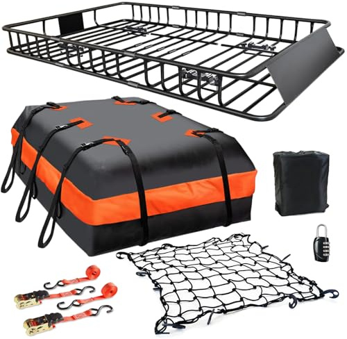 MeeFar Roof Rack Carrier Basket Universal Rooftop 65 X 39 X 6 Large Size Roof Rack + Waterproof Bag 20 Cubic Feet (51 40 17), and Cargo Net with Attachment Hooks, Ratchet Straps