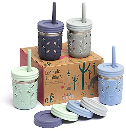 Elk and Friends 10oz Stainless Steel Kids + Toddler Drinking Cups | The Original Mason Jars with Lids + Sleeves + Straws | Smoothie Cups | Spill Resistant | Dishwasher Safe | 4 Pack
