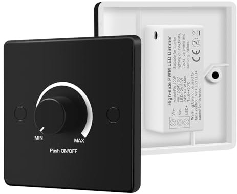VIPMOON DC 12V-24V LED Dimmer Switch, Push ON/OFF Rotary Control Dimmer Switches, High Side PWM Dimmer for Dimmable Single Color Strip Lights in RV Auto, Camping Trailers, Boats, Caravans, Black
