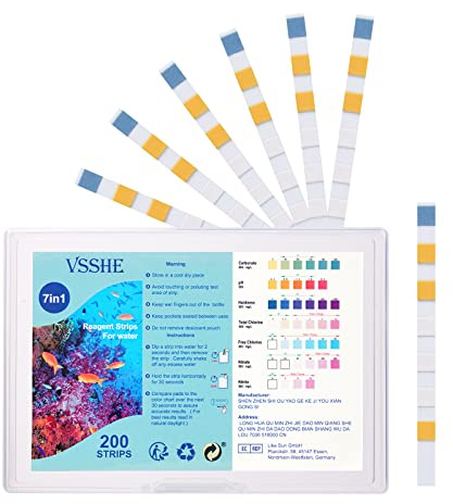 vsshe 200 PCS Tiras Reactivas para Acuario, 7 en 1 Test Agua Acuario, Tiras de Prueba Kit, Cloro Total, Nitratos, Nitritos, Dureza, Carbonatos Y Más Comprobación De La Calidad del Agua (200PCS)