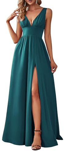 Ever-Pretty Vestito da Sera da Donna Alta Elasticità Scollo a V Linea ad A con Spacco Stile Impero Teal 44