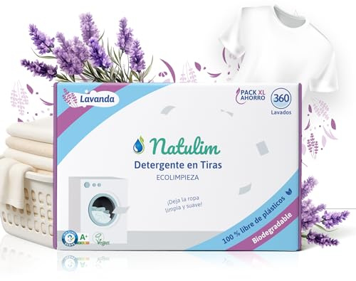 Natulim - Detergente en Tiras para Lavadora (360 Lavados) - Incluye efecto Suavizante, Ecológico, Hipoalergénico, Zero Waste, Made in Spain - Ropa limpia y suave sin ensuciar el Planeta (Lavanda)