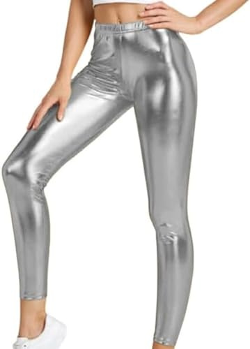 KIKFIT Girls Metallic Leggings Shiny Stretch Dance Disco Party Ages 3-14 (as8, Silver, 13-14 Years)