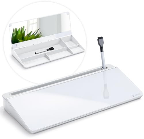 Varhomax Tableau blanc de bureau en verre avec miroir intégré, organiseur de bureau effaçable à sec avec rangement, bloc-notes pour la maison, le bureau et l'école
