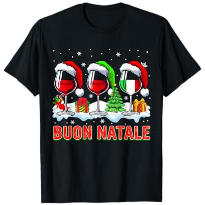 Buon Natale Merry Christmas Italian Three Santa Wine Glasses T-Shirt