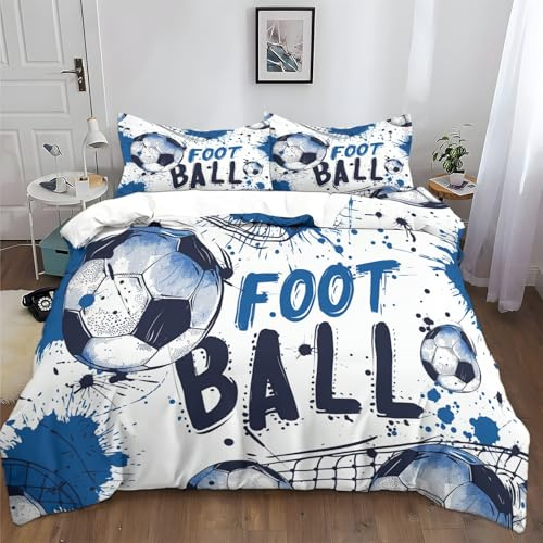 Generico Copripiumino 150x200 cm Tema Calcio Blu Set Biancheria da letto in Policotone con Copripiumone e 2 Federe 50x80 cm, Morbido, Facile da Pulire, Adatto a tutte le stagioni