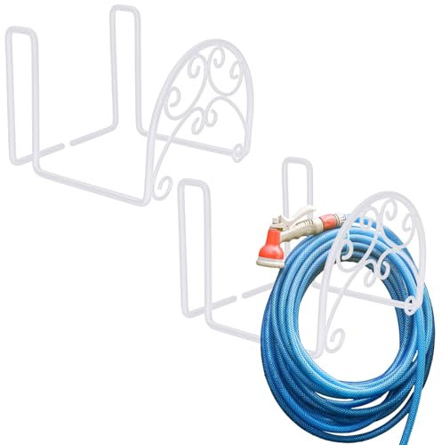 Wonderjune 2 Pcs Hose Holder Wall Mount Garden Heavy Duty Hanger Fits 3/4 Inch to 1-1/4 Inch Railing for Expandable Hose Reel Water Pocket Flexible Hook(White)