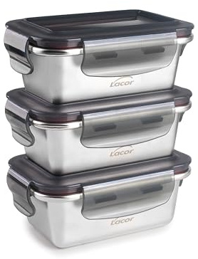 LACOR - 64623 - Set 3 Recipientes para Alimentos Ecoinox, Acero Inoxidable 18/10, 260 ml, Apto para Microondas, Horno, Congelador y Lavavajillas, Hermético, 4 Cierres de Clip, BPA Free