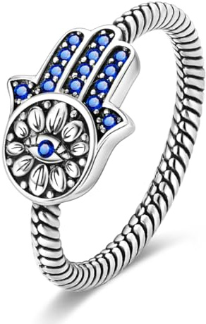 Hapour Anillo de plata de ley 925 para mujer, anillo de mal de ojo Hamsa con piedras de circonita cúbica, anillos de eternidad de mano de Fátima, anillo único de declaración talla L1/2 - S