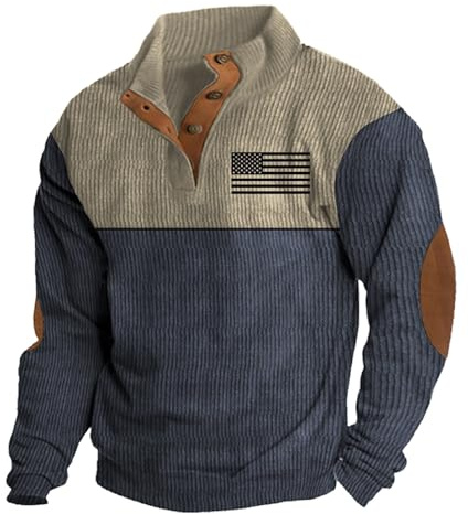 Generisch Sweatshirts Casual Corduroy Sweatshirt for Men with Stand-Up Collar and Flag Print Suit, blue, 4XL