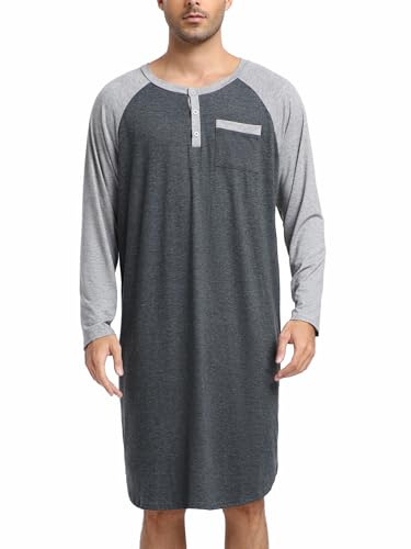 Enjoyoself Camisón Hombre Algodón Camisetas de Pijama Larga Dormir Suave Transpirable Camisa de Noche de Mangas Largas Camison Hospital Ropa de Dormir para Descansar