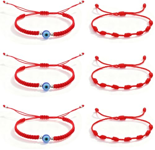 HekouJiub onda ögat röd sträng armband 6 st justerbart rött armband för skydd med lycka berlock för kvinnor män vänner familj
