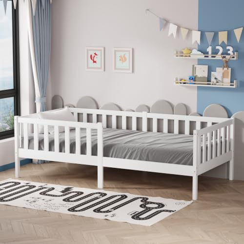 AVC Designs Junior Wooden Bed With Side Rails Toddler Solid Pine Wood Modern Children Kids Junior Bed Frame White 190 x 90cm Mattress size