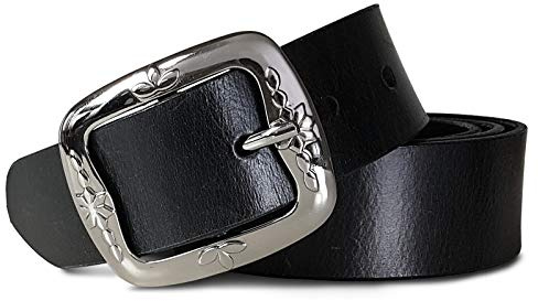 ROYALZ Vintage Cinturón de cuero para mujer hecho de cuero de búfalo de 38mm de ancho para damas, tamaño:Talla de cintura 115 cm = Longitud total 130 cm, Color:Negro - hebilla diseño floral liso
