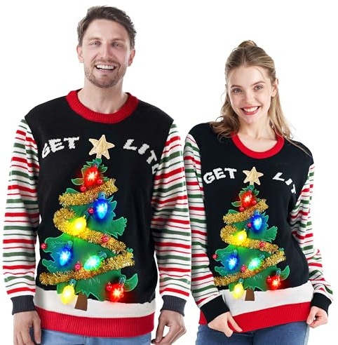 JOYIN Kvinnor LED upplyst Get Tit julgran ful jultröja inbyggda glödlampor jultröja (S, svart)