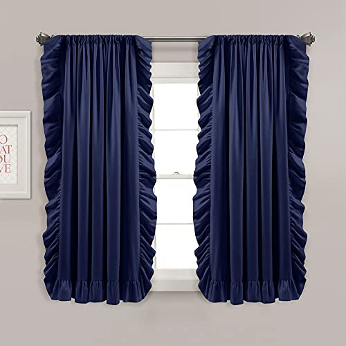 Lush Decor Reyna Ruffle Window Curtain Panel Set for Living, Dining, Bedroom (Pair), 54 W x 63 L, Navy