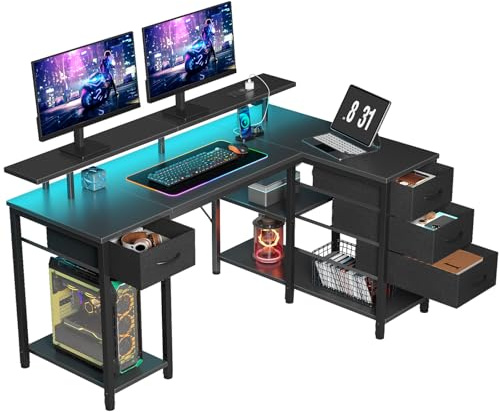Seventable Bureau d’Angle en L 120 cm avec LED, Ports USB et Prise, tiroirs modulables et Support écran – Bureau Informatique Moderne avec rangements, Noir