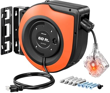 DEWENWILS Retractable Extension Cord Reel with 6 Grounded Outlets, Twist-lock Stopper Heavy Duty Power Cord, 15A Circuit Breaker, Wall/Ceiling Mounted for Garage, Workshop, ETL Listed, 1 Box