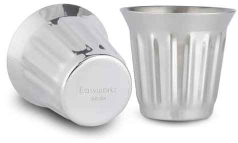Easyworkz Juego de 2 tazas de café expreso de doble pared de acero inoxidable, 150 ml, diseño de rayas verticales,cromo