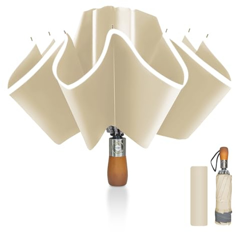 Pioggistar Ombrello Pieghevole Antivento, Ombrello Inverso Automatico, Ombrello da Pioggia 10 Stecche Rinforzate per Uomo e Donna, Manico in Legno, Diametro 105cm, Beige