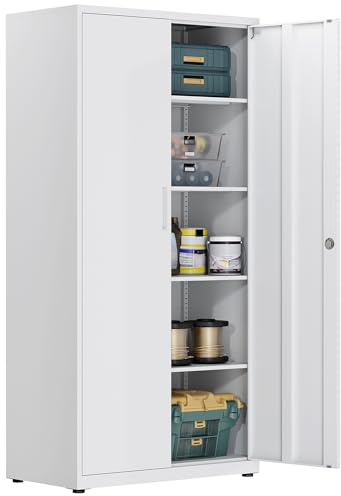 HOMSTEEL Armoire de Rangement en Métal, Armoire de Garage verrouillable avec 5 Étagères, de Bureau avec étagères Réglables, pour Le Bureau, Le Garage et la Buanderie, Blanc