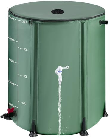 Tonneau de pluie pliable de 53 gallons avec fermeture éclair ouverte et 12 poteaux, kit de système de collecte d'eau de pluie portable de 200 L avec 1 robinet et 2 trop-plein, 1000D Oxford
