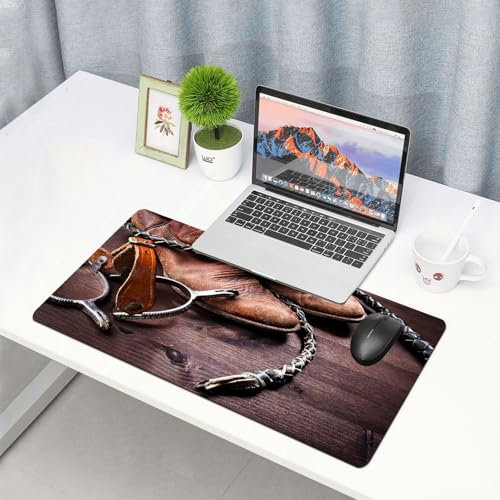 EYLOZS Großes Gaming-Mauspad mit genähten Kanten,mit rutschfeste Unterseite,Western, authentische alte Lederstiefel und Sporen, rustikale Rodeo-A,Cooles Schreibtischpad für Tastatur und Maus,40x90 cm