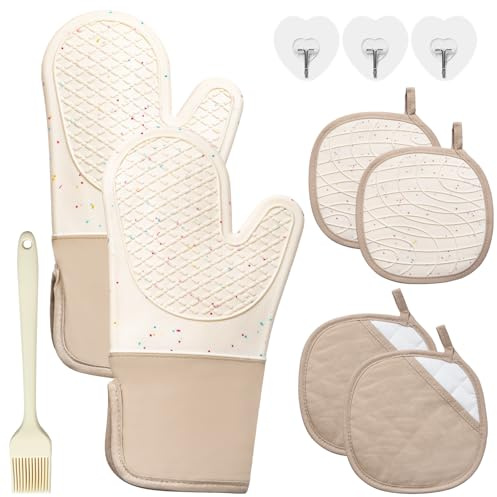 7 PCS Kitchen Oven Mitts and Pot Holders Cooking Mittens Heat Resistant 500°F Silicone Oven Mitts Soft Cotton Lining Non-Slip Oven Mittens for Kitchen Baking BBQ Cooking with Hook Up Oil Brush(Cream)