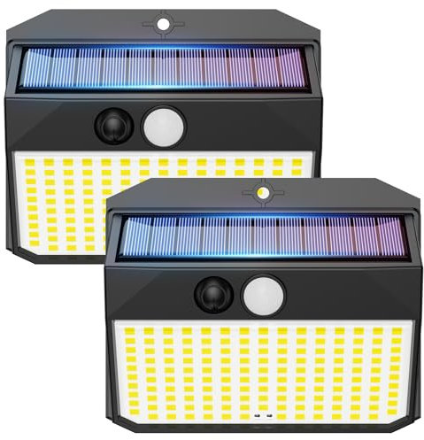 Topabol 150LED Lampe Solaire Extérieur Détecteur de Mouvement, Lumiere Solaire Exterieur avec 3 Modes, IP65 Etanche Spot Solaire, Lampe Solaire pour Jardin, Lot de 2, Lumière Chaude