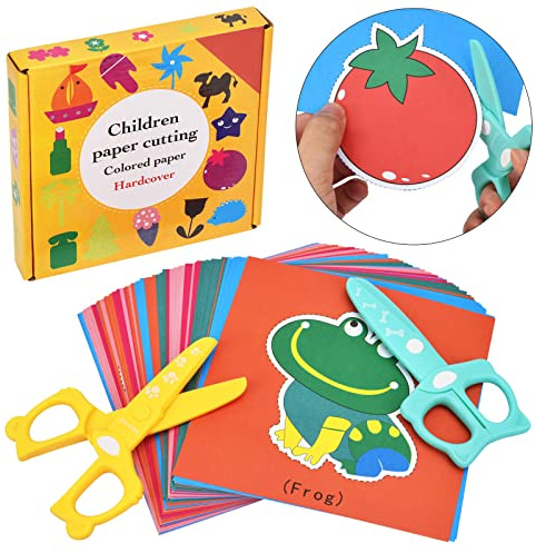 GutSache 2 piezas de tijeras para niños + 48 hojas de papel de colores para manualidades Para niños a partir de 2 años | Set de manualidades para guardería, preescolar y para casa | Ideal como regalo