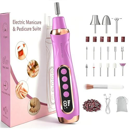 XunmotorYao Torno para Uñas Profesional 20000 RPM Lima 15 in 1 Eléctricas Uñas Torno sin Cable con Velocidad Ajustable con Pantalla LCD Kit de Manicura y Pedicur para Hogar Salón DIY,Morado